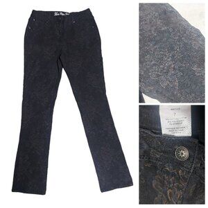 Marie-Claire Black Jeans w/ Navy & Bronze Shiny Floral Print Size 7
